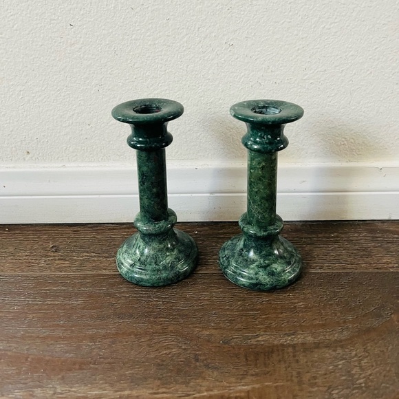 Green Marble Candlestick Pair - Elegant Home Accent 6.5 Inch tall